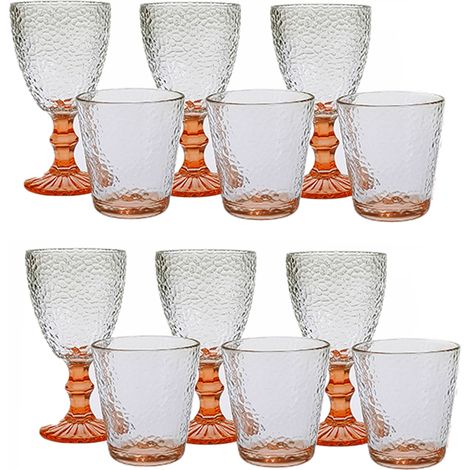 Set 12 Bicchieri 6 acqua 6 vino calici con piede in Vetro trasparente arancione da tavola Eleganti Stile Raffinatezza in casa per Ogni Tavola e Occasione bar hotel ristorante