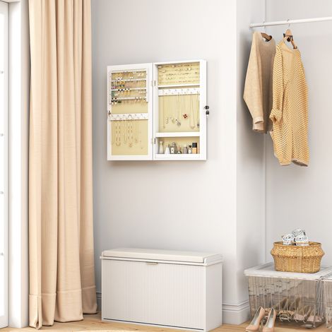 Armario joyero de pared con espejo y 2 azulejos, MDF, blanco.