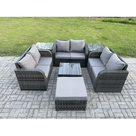 Fimous 7 places Ensemble de meubles de jardin en rotin avec Table basse carrée Love Sofa grand tabouret 2 Tables d'appoint (1/5)