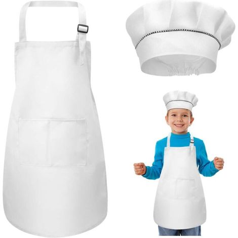 Tablier Enfant et Chapeau de Chef Set, Réglables Tabliers de Cuisine avec 2 Poches pour Filles Garçons, Bambin Tablier de Chef de Jardin pour Cuisson Peinture l'artisanat (7-13 Ans) (Blanc)-Fei Yu (1/5)