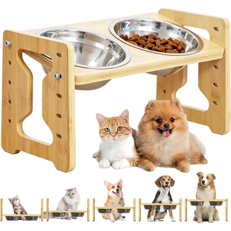 Gamelle surélevée pour chien 33 × 19,5 × 16,2 cm avec support : support de gamelle en bambou réglable en hauteur avec 2 gamelles en acier inoxydable, mangeoire pour chien et chat, améliore (1/5)
