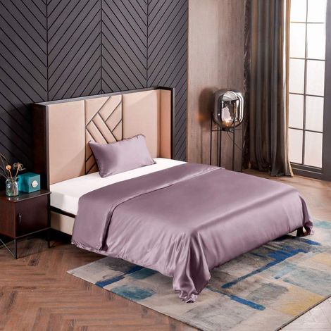 Parure de lit en soie 2 pièces, housse de couette 135 x 200 cm et taie d'oreiller 40 x 80 cm, hypoallergénique 19 momme, ultra douce et lisse, violet (1/5)