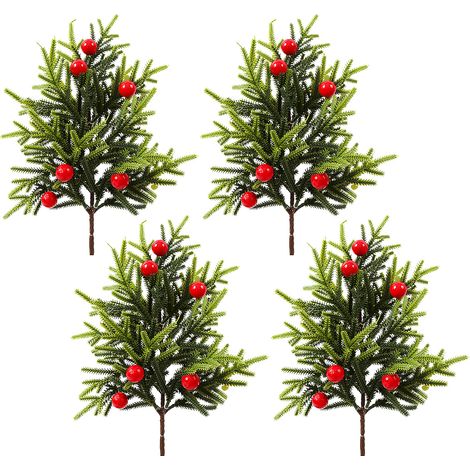 Lot de 4 Branches de Pin Artificielles avec Baies Rouges, Décoration de Noël pour Maison, Ornements Végétaux Verts Festifs (1/5)