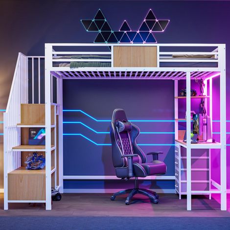 Lit mezzanine 90x200, Gain de place avec bureau intégré et rangements pour studio ado, avec tringle penderie prises et LED, Blanc (1/5)