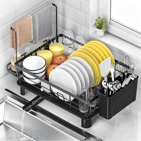 Égouttoir à Vaisselle, Egoutoire Vaisselle Cuisine, Organisateur de Support pour Assiettes Bols Couverts et Torchons, Matériau Antirouille, Drainage 360° Porte-ustensiles Noir (XL-Plus grand) -'XL-Plu (1/5)