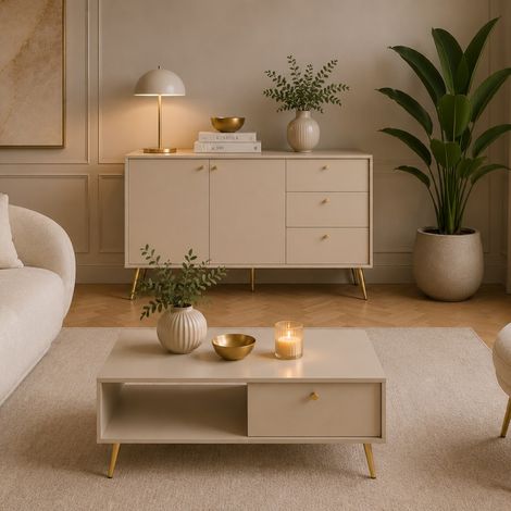 Table basse avec tiroir beige et pied doré EZIA (1/4)