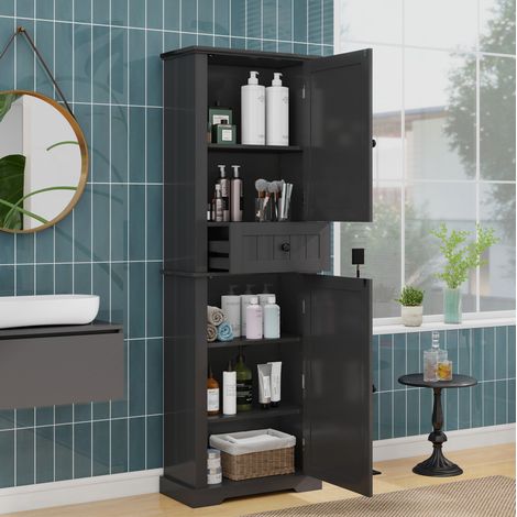 Mobile da bagno in MDF nero 56 cm con 2 ante, 1 cassetto e ripiani regolabili (1/5)