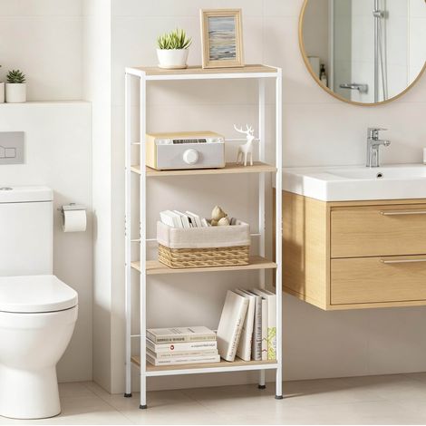 Estantería de almacenamiento 50x20x110 cm blanco y roble claro en MDF y metal con 4 niveles y montaje fácil (1/5)