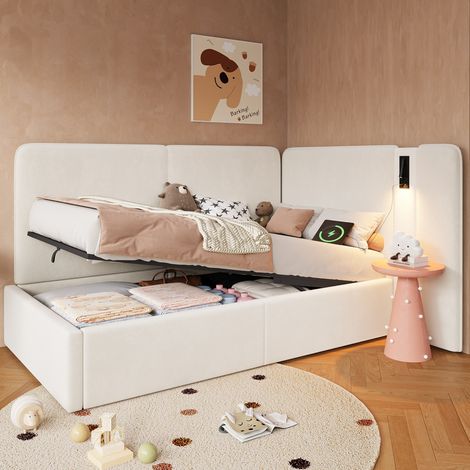Lit adulte rangement 90x200 velours beige lampe USB C HAVRYA (1/5)