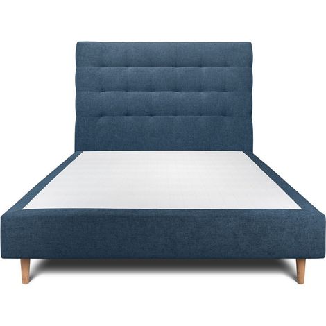 Lit 140x190cm avec tête de lit capitonnée tissu et sommier tapissier Bleu - Hauteur totale : 35cm (1/5)