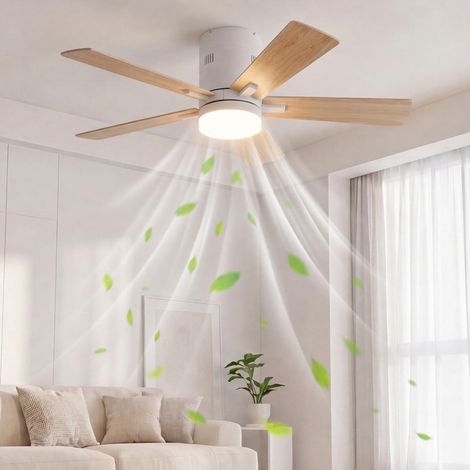Ventilateur de plafond lumineux plafonnier 44cm - 5 pales - ultra silencieux - 6 vitesses - télécommande - éclairage LED trois températures de couleur - adapté salon chambre - bois naturel (1/5)