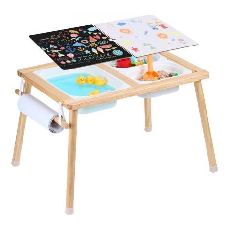 Sensorischer Tisch Aktivitätstisch für Kinder mit 3 faltbaren Aufbewahrungsbehältern & Papierrollenhalter, Sand- und Wassertisch sensorischer Zeichentisch aus Holz, Geschenke für Kinder