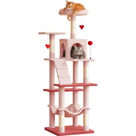 Arbre à chat rose, tour multi-niveaux de 163 cm pour chats d'intérieur avec griffoirs recouverts de sisal, perchoir rembourré, hamac confortable et jouets suspendus (1/5)