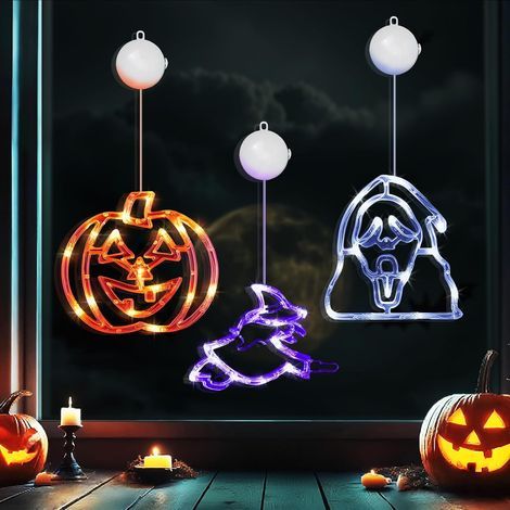 Halloween Décoration Fenêtre,LED 3 pièces éclairage de Fenêtre Lumières avec Ventouse,Citrouille,Sorcière,Fantôme,pour Décoration de Fenêtre (1/5)