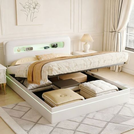 Letto Coffre 160x200 - Velluto Beige - Idraulico - Testata Letto LED - Capitonné - Rete Inclusa