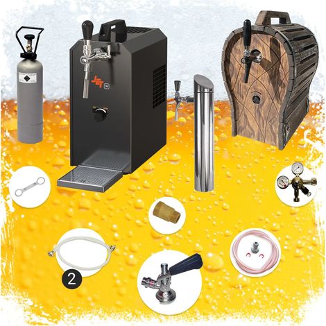 Untertheken Komplett Set - Zapfanlage JET 30 Bierkoffer, Bierzapfanlage, Durchlaufkühler 1-leitig Trockenkühler, bis zu 35 Liter/h mit Holzfass, Zapfkopf: KeyKeg (1/4)