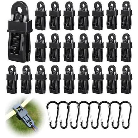 Lot de 32 Pièces Attache Bache Piscine Set, 24 Pince pour Bache et 8 Mousqueton, Fixation Bache pour Camping, Carvanes, Pique Nique (1/5)