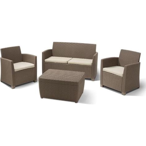 Keter Salottino da Giardino Mia, Composto da Due Poltrone, Divano e Tavolino Contenitore, Cuscini Inclusi, Realizzato con Caratteristica Finitura Intrecciata, Colore Cappuccino