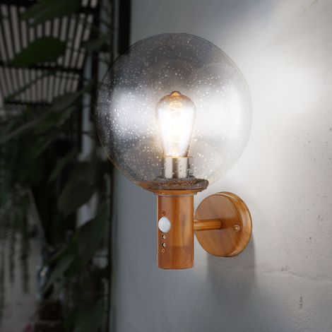 Lampada da esterno Lampada da parete con rilevatore di movimento Lampada da giardino Lampada per facciate in acciaio inox, sfera di vetro trasparente effetto legno, 1x E27, PxH 25x37 cm (1/5)
