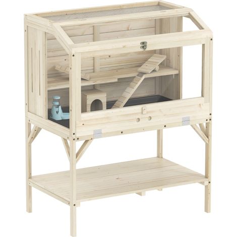 Jaula para hámsters de 2 niveles de madera con estante y accesorios 84x53x110 cm (1/5)