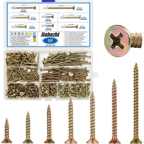 Assortiment de 320 vis à bois M4 x 16/20/25/30/35/40/50 mm, vis à bois autotaraudeuses avec boîte de rangement, kit de vis universelles pour projets de bricolage (1/5)
