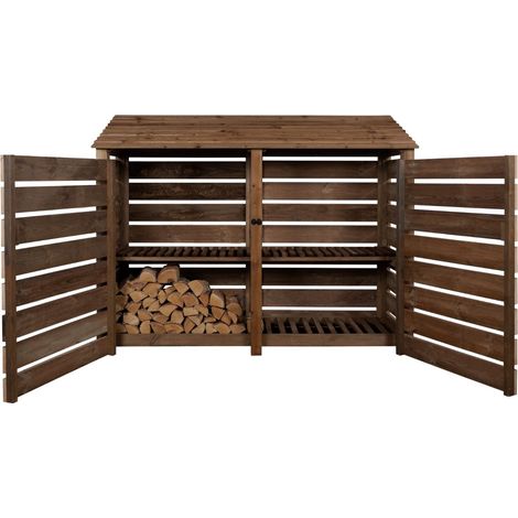 Slatted wooden log store with door and kindling shelf W-227cm, H-180cm, D-88cm - brown finish