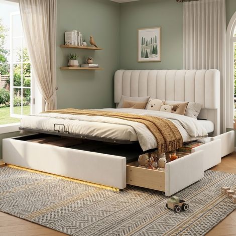 Stauraumbett 140x200 cm mit LED-Beleuchtung, Polsterbett aus Samt in Beige mit Bettkasten, Gasdruckfeder und 3 Schubladen für Jugendzimmer (1/5)