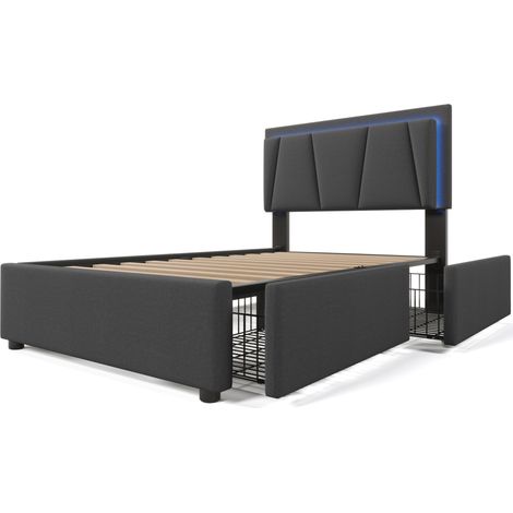 Cama tapizada 90x200 cm con LED, 2 cajones, cabecero ajustable, gris, HOMVRA, con colchón (1/5)