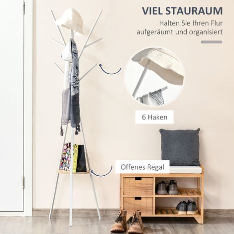 Porte-manteau HOMCOM, support avec tablette et 8 patères, cintrier, penderie design pour habits, chapeaux, sacs, salon, blanc (1/4)