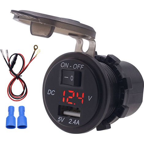 Chargeur numérique LED 12V IP66 2.4A avec interrupteur indépendant et câble rouge 60cm pour téléphone, adaptateur DC12-24V (1/5)