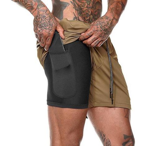Short de sport 2-en-1 homme course fitness léger gym yoga entraînement hip ceinture élastique kaki