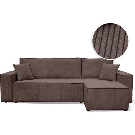 Loungitude – Canapé d'angle convertible 4 places en velours côtelé – Marron glacé – Dossier basculant pour lit d'appoint – Coffre de rangement intégré