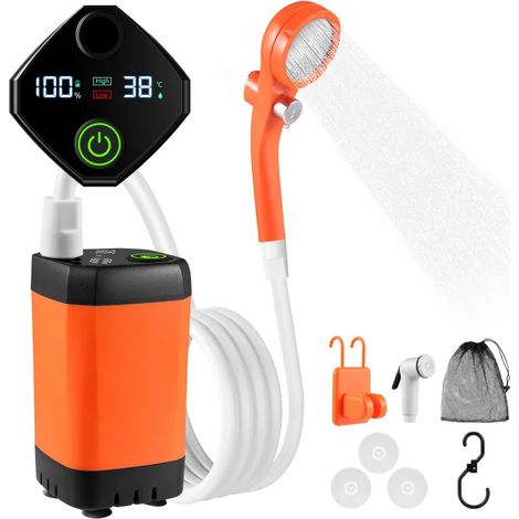 Douche extérieure portable camping avec pompe électrique rechargeable 6000 mAh, écran affichage température et batterie, outil pour voyage, jardin, lavage véhicule et activités extérieures (1/5)