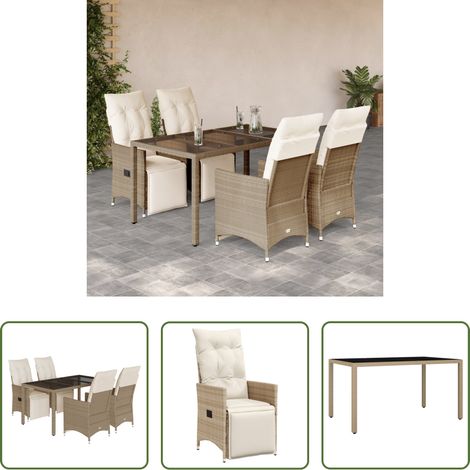 vidaXL Bistro-Set - 5-tlg. Garten-Bistro-Set mit Kissen Beige Poly Rattan (1/5)