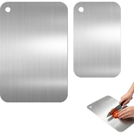 Lot de 2 Planches à Découper en Titane et Acier Inox, Planche Alimentaire Double Face, Antibactérienne et Facile à Nettoyer, Anti-Moisissure, pour Viande, Fruits, Taille 20x15cm et 30x20cm (1/5)