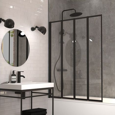 Pare-baignoire pivotant pliant 140 cm – Verre de sécurité transparent – Aluminium laqué noir mat – Largeur 110 cm – 4 volets arrondis – Gelco Design