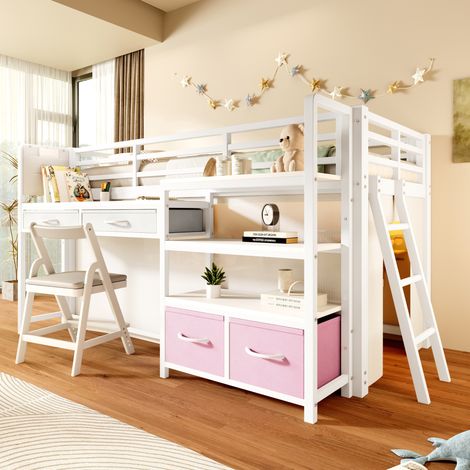 Cama alta infantil 90x200 cm de metal y MDF blanca con escritorio y almacenaje - CHICFURN (1/5)