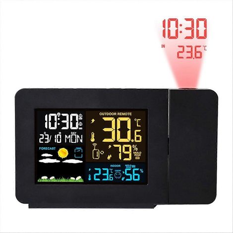 Thermomètre et hygromètre LED intérieur/extérieur - Réveil à projection avec prévisions météo et rétroéclairage - Prise UE (1/5)