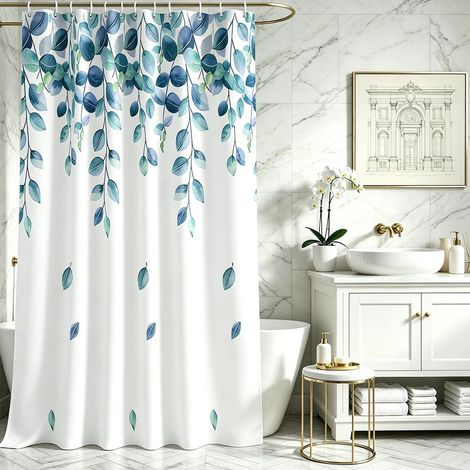 Rideau de douche 80 x 180 cm, motif feuilles et plantes, avec ourlet lourd, anti-moisissure, imperméable, lavable, en polyester, pour salle de bain, baignoire avec 8 anneaux pour rideau de (1/5)