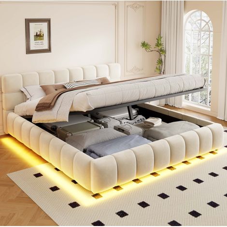 Letto contenitore 160x200 cm con sollevamento idraulico e LED, rete a doghe, rivestito in velluto - beige (1/5)