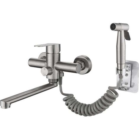 Robinet de Cuisine Mural Mitigeur pour Evier Robinetterie Cuisine avec pistolet de pulvérisation et 2 types de jets d'eau Rotatif à 360° en acier inoxydable brossé