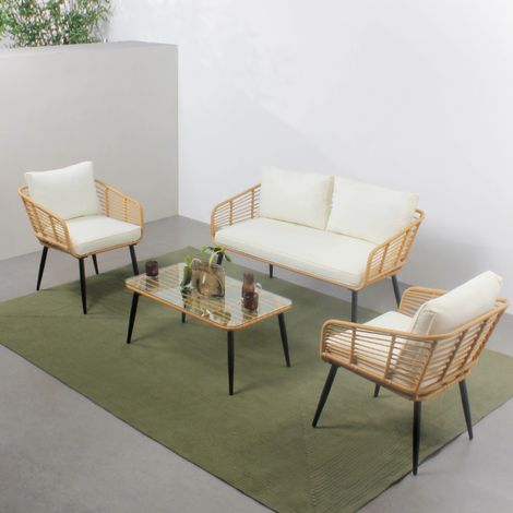 Set di mobili da giardino a 4 posti con divano e sedie in rattan e comodi cuscini SITIA (1/3)