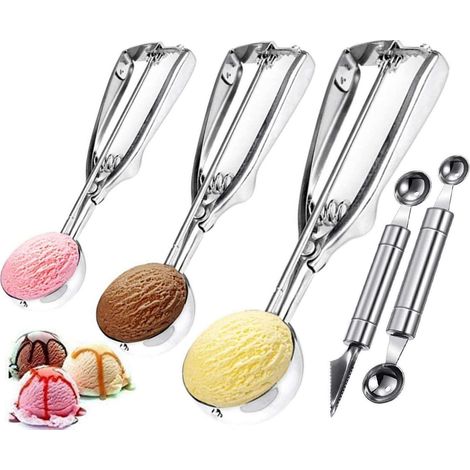 Set de 5 cuillères à glace et melon en acier inoxydable, 3 tailles (1/5)