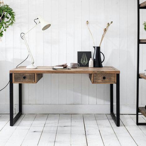 Bureau bois recyclé métal 2 tiroirs BRISBANE (1/5)