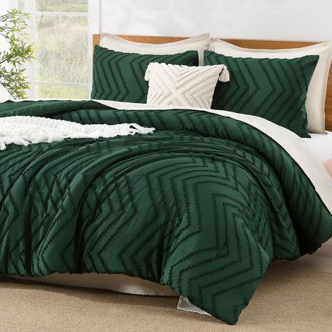 Parure de lit 3 pièces touffetée à Chevrons pour très Grand lit, Vert forêt uni, Vintage Couette de 264 x 228,6 cm et 2 taies d'oreiller (1/5)