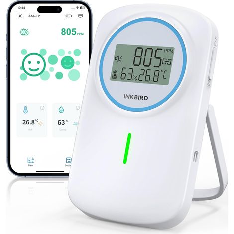 IAM-T2 Détecteur de CO2 Bluetooth pour Maison Ecole Hôtel Moniteur Qualité Air Intérieur, Surveillance 3 en 1, CO2 Température Humidité, Contrôle APP, Alarme Intelligente (1/5)