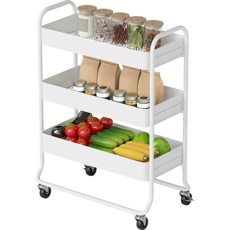3-Tier Storage Trolley on Wheels, Rolling Utility Cart Mesh Backets for Kitchen, Bathroom, Bedroom, White (1/5)