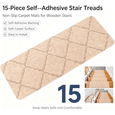 Lot de 15 tapis d'escalier autocollants, antidérapants, 55 x 19 cm, pour escaliers en bois, carrelage et marbre, lavables, découpables, intérieurs, 2 designs (pierre/brique), beige et noir (beige) (1/3)