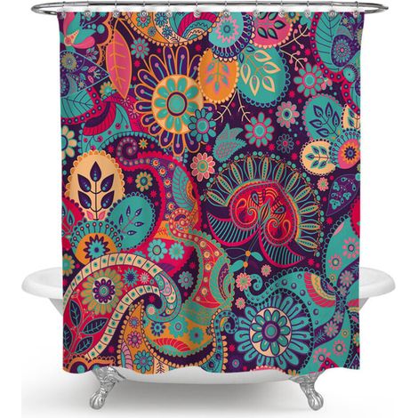 Rideau de douche Mandala à décor ethnique, motifs géométriques ronds rétro, imprimé floral, ensemble de salle de bain avec crochets, 150 x 180 cm (1/4)