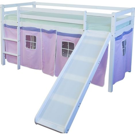 Lit mezzanine 90x200cm avec échelle toboggan en bois blanc et toile rose LIT06116 (1/5)